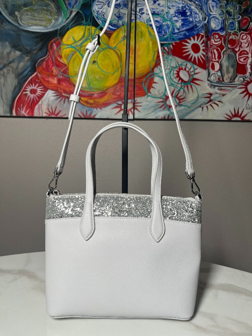 Kate Spade Flash Glitter Satchel Light Grey Silver Crossbody Satchel NWOT